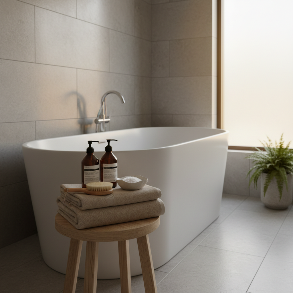A spa-like corner of a modern bathroom transformed into a home wellness retreat, featuring a deep white soaking tub surrounded by light gray stone tiles and a low wooden stool holding neatly folded beige towels. On the stool, amber glass bottles without labels, a natural bristle body brush, and a small ceramic bowl of bath salts are carefully arranged. Warm, diffused light from a frosted window bathes the space, creating soft reflections on the tiles and delicate shadows. Photographic realism from a three-quarter angle, with a balanced composition that feels uncluttered and sophisticated. The mood is tranquil, restorative, and premium, evoking a home spa ritual ideal for midlife self-care without depicting any people.