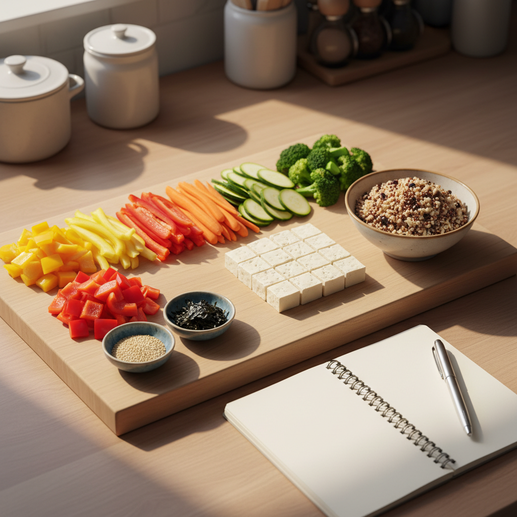 An elegantly organized wooden kitchen counter displaying ingredients for a hormone-balancing, midlife-friendly Korean-inspired meal. There are neatly chopped colorful vegetables, firm tofu, a small bowl of mixed grains, and tiny dishes of sesame seeds and seaweed, all on a large, pale cutting board. Nearby, an open notebook with clean, blank pages and a sleek pen hints at mindful menu planning. Soft overhead lighting mixes with diffused daylight from an unseen window, casting gentle shadows and a warm, inviting glow. Shot from a slightly elevated angle in photographic realism, with sharp focus on the foreground and a softly blurred, minimal kitchen backdrop. The atmosphere feels calm, practical, and premium, emphasizing thoughtful nutrition and planning for mature wellness.