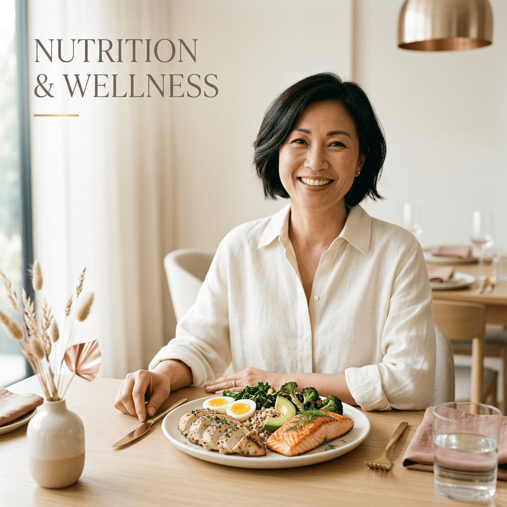 Smiling woman seated beside a plate of salmon, chicken, eggs, quinoa, broccoli, and avocado